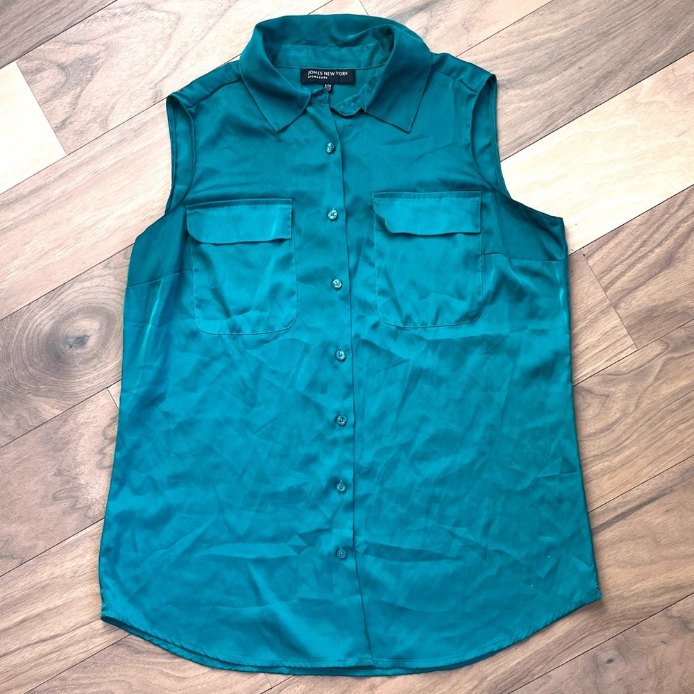 Jones New York Teal Blue Sleeveless Button-Up Blouse Size S Flowy Drapey